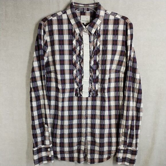 Henry‎ Cottons Women's 42 Medium Shirt Ruffle Front Cotton Stretch Gray Plaid - Picture 1 of 12
